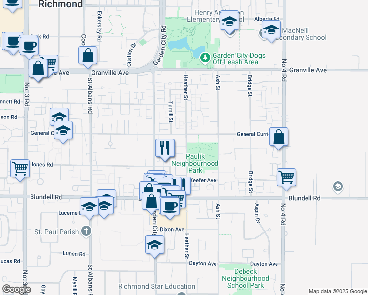 map of restaurants, bars, coffee shops, grocery stores, and more near 7533 Heather Street in Richmond