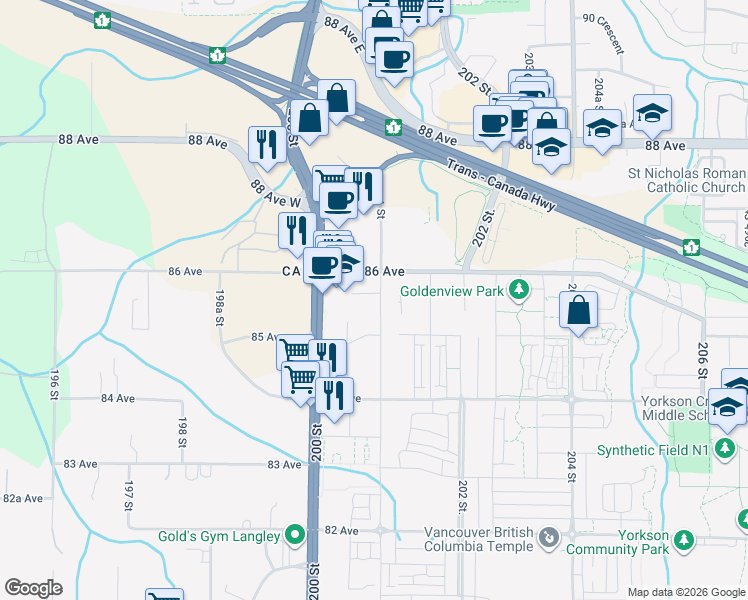 map of restaurants, bars, coffee shops, grocery stores, and more near 8551 201 Street in Langley Township