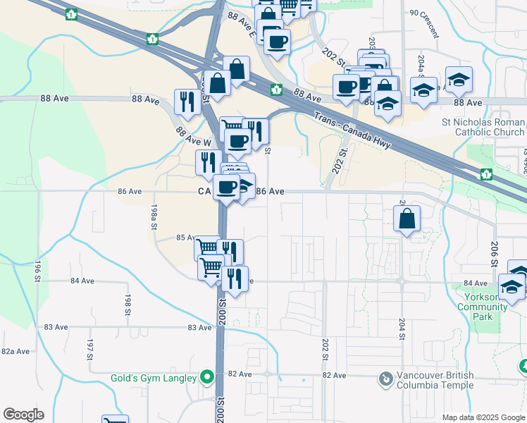 map of restaurants, bars, coffee shops, grocery stores, and more near in Langley Township
