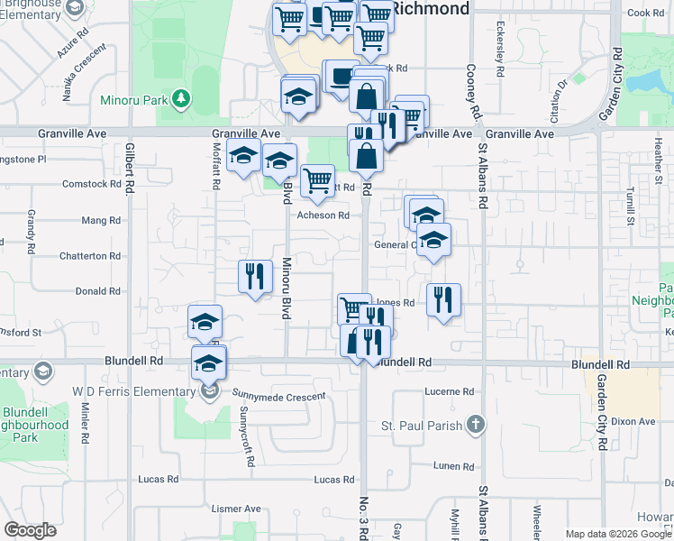 map of restaurants, bars, coffee shops, grocery stores, and more near 7500 Abercrombie Drive in Richmond