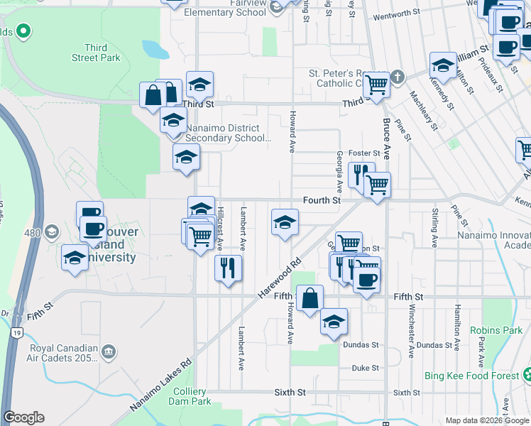 map of restaurants, bars, coffee shops, grocery stores, and more near 403 Watfield Avenue in Nanaimo