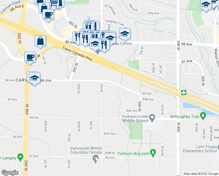 map of restaurants, bars, coffee shops, grocery stores, and more near in Langley Township