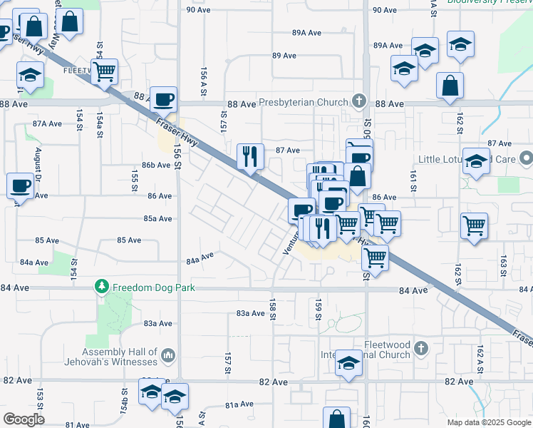 map of restaurants, bars, coffee shops, grocery stores, and more near 15835 85 Avenue in Surrey