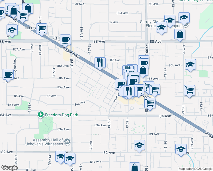 map of restaurants, bars, coffee shops, grocery stores, and more near 15835 85 Avenue in Surrey