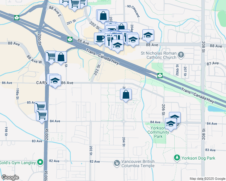 map of restaurants, bars, coffee shops, grocery stores, and more near 8561 203A Street in Langley Township