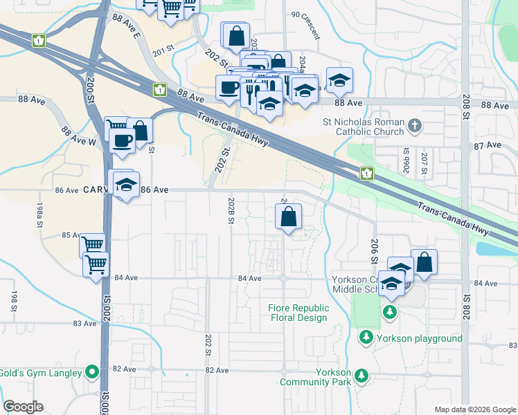 map of restaurants, bars, coffee shops, grocery stores, and more near 8561 203A Street in Langley Township