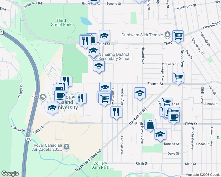 map of restaurants, bars, coffee shops, grocery stores, and more near 415 Hillcrest Avenue in Nanaimo
