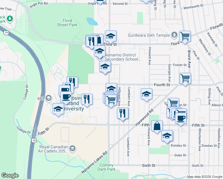 map of restaurants, bars, coffee shops, grocery stores, and more near 412 Wakesiah Avenue in Nanaimo