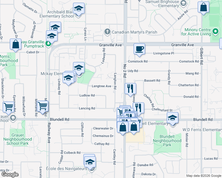 map of restaurants, bars, coffee shops, grocery stores, and more near 5760 Langtree Avenue in Richmond