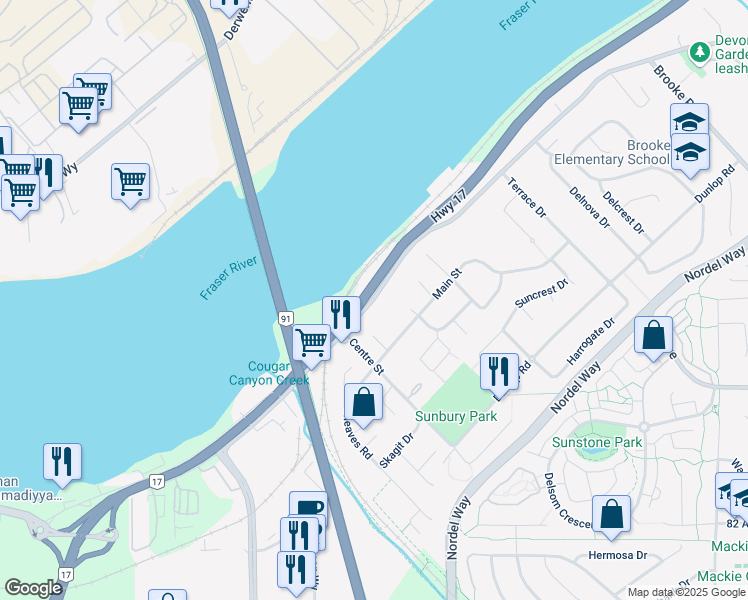 map of restaurants, bars, coffee shops, grocery stores, and more near 10288 River Road in Delta
