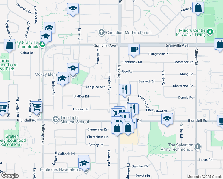 map of restaurants, bars, coffee shops, grocery stores, and more near 7420 Langton Road in Richmond