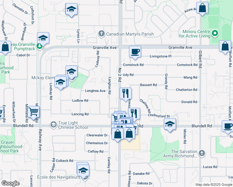 map of restaurants, bars, coffee shops, grocery stores, and more near 7451 Number 2 Road in Richmond