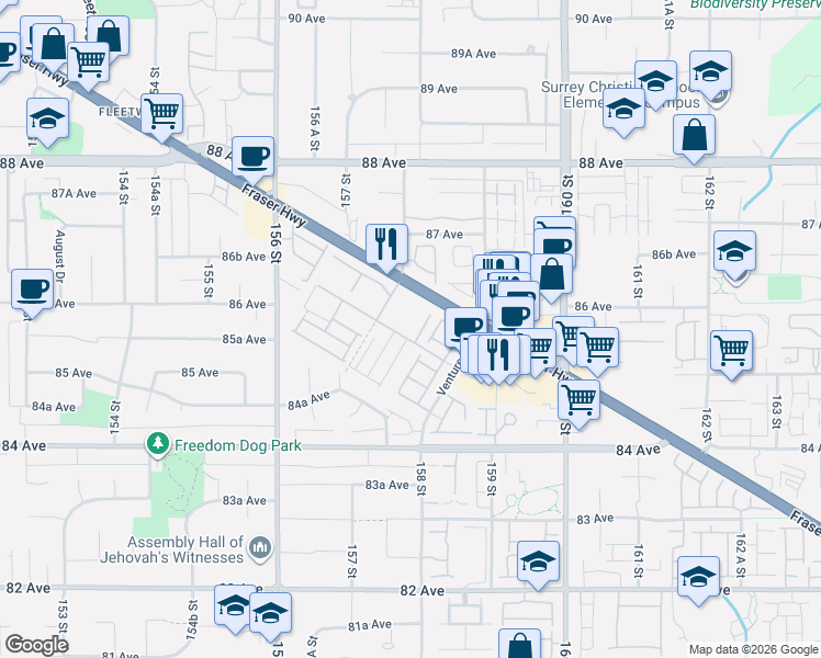 map of restaurants, bars, coffee shops, grocery stores, and more near 15835 85 Avenue in Surrey