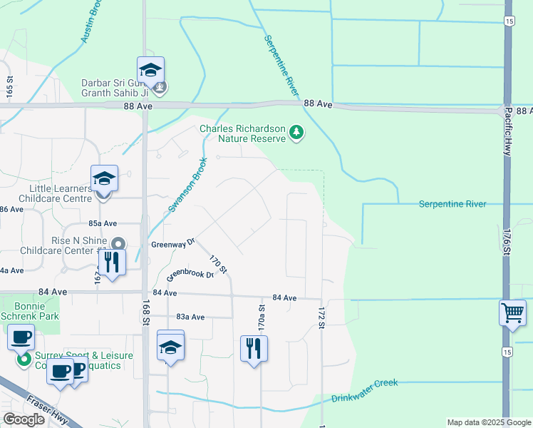 map of restaurants, bars, coffee shops, grocery stores, and more near 8551 85 Avenue in Surrey