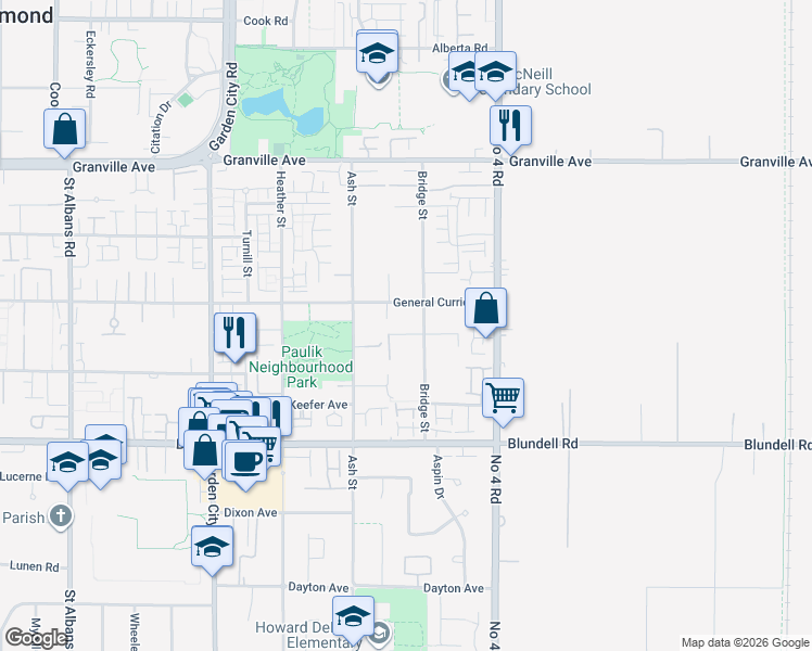 map of restaurants, bars, coffee shops, grocery stores, and more near 9595 Breden Avenue in Richmond