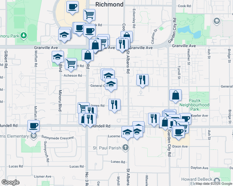 map of restaurants, bars, coffee shops, grocery stores, and more near 8300 General Currie Road in Richmond