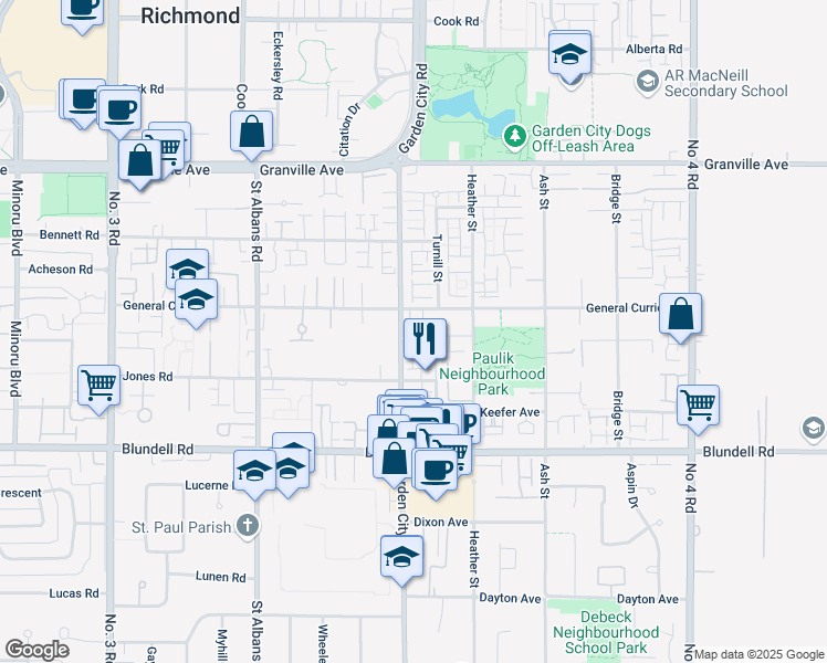 map of restaurants, bars, coffee shops, grocery stores, and more near 7533 Turnill Street in Richmond