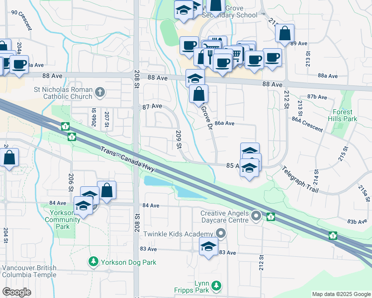 map of restaurants, bars, coffee shops, grocery stores, and more near 28 209 Street in Langley City