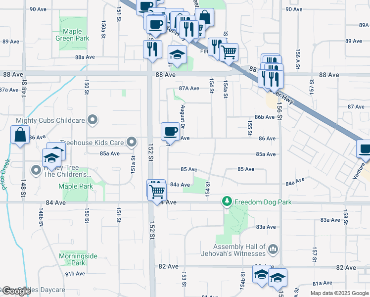 map of restaurants, bars, coffee shops, grocery stores, and more near 15307 85A Avenue in Surrey