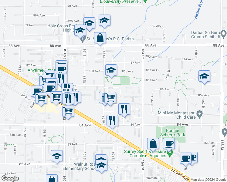 map of restaurants, bars, coffee shops, grocery stores, and more near 8560 162 Street in Surrey