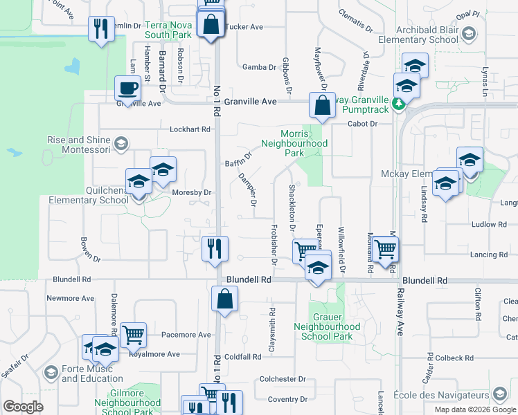 map of restaurants, bars, coffee shops, grocery stores, and more near 7700 Dampier Drive in Richmond