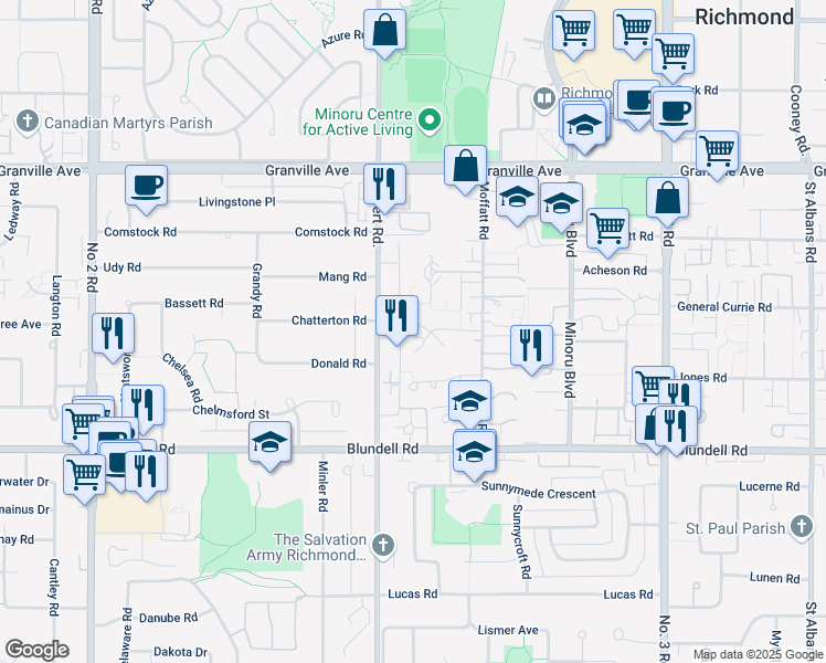 map of restaurants, bars, coffee shops, grocery stores, and more near 7439 Moffatt Road in Richmond