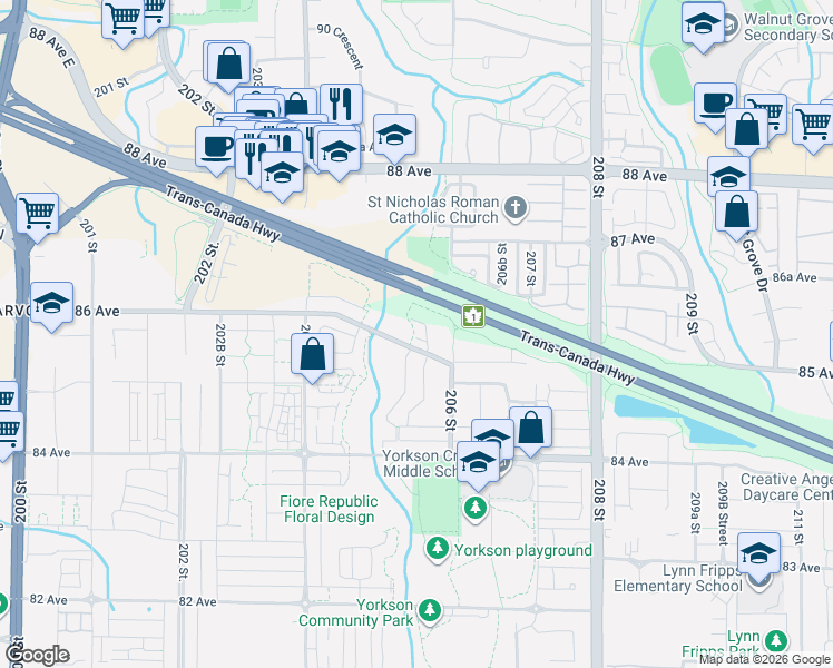 map of restaurants, bars, coffee shops, grocery stores, and more near in Langley Township