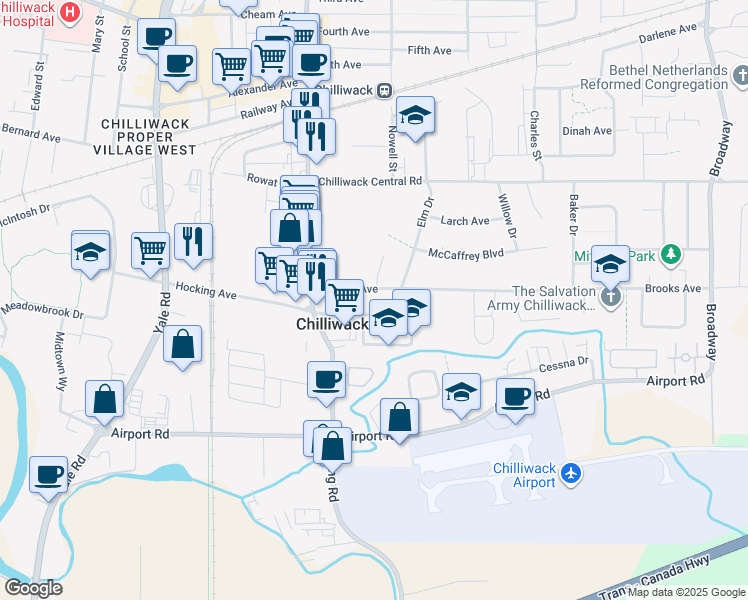 map of restaurants, bars, coffee shops, grocery stores, and more near 46084 Brooks Avenue in Chilliwack