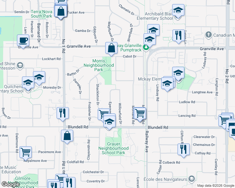 map of restaurants, bars, coffee shops, grocery stores, and more near 7651 Willowfield Drive in Richmond