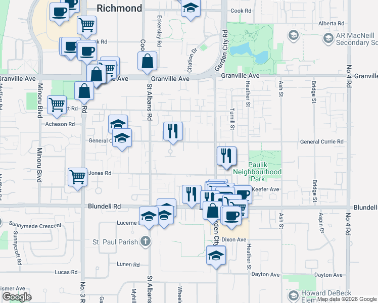 map of restaurants, bars, coffee shops, grocery stores, and more near in Richmond