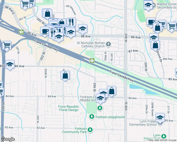 map of restaurants, bars, coffee shops, grocery stores, and more near 20559 86 Avenue in Langley Township