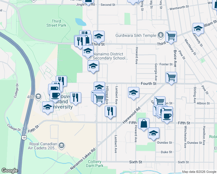 map of restaurants, bars, coffee shops, grocery stores, and more near 408 Hillcrest Avenue in Nanaimo