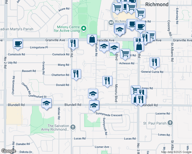 map of restaurants, bars, coffee shops, grocery stores, and more near 7451 Moffatt Road in Richmond
