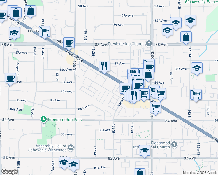 map of restaurants, bars, coffee shops, grocery stores, and more near in Surrey