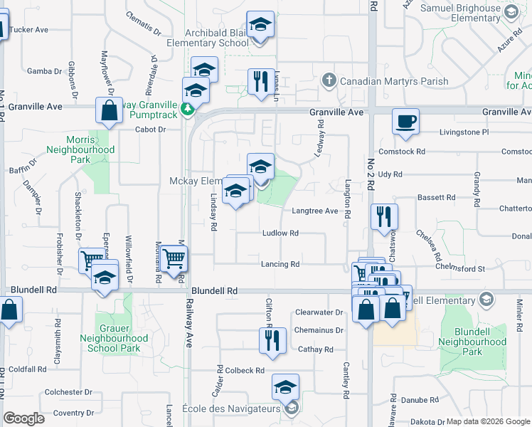 map of restaurants, bars, coffee shops, grocery stores, and more near 7440 Ludlow Place in Richmond
