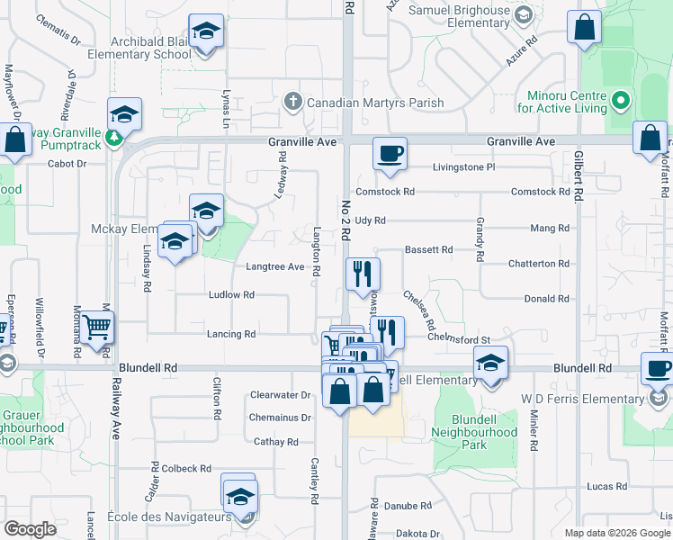 map of restaurants, bars, coffee shops, grocery stores, and more near 7491 Number 2 Road in Richmond