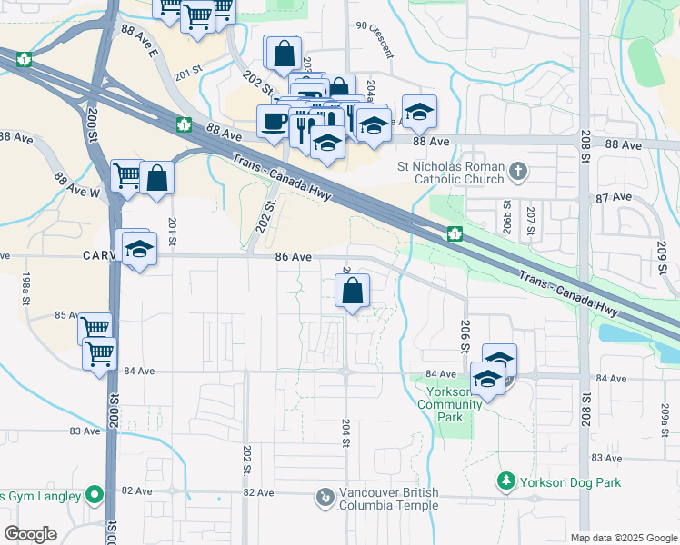 map of restaurants, bars, coffee shops, grocery stores, and more near 20376 86 Avenue in Langley Township