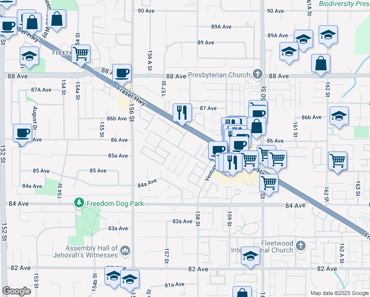 map of restaurants, bars, coffee shops, grocery stores, and more near in Surrey
