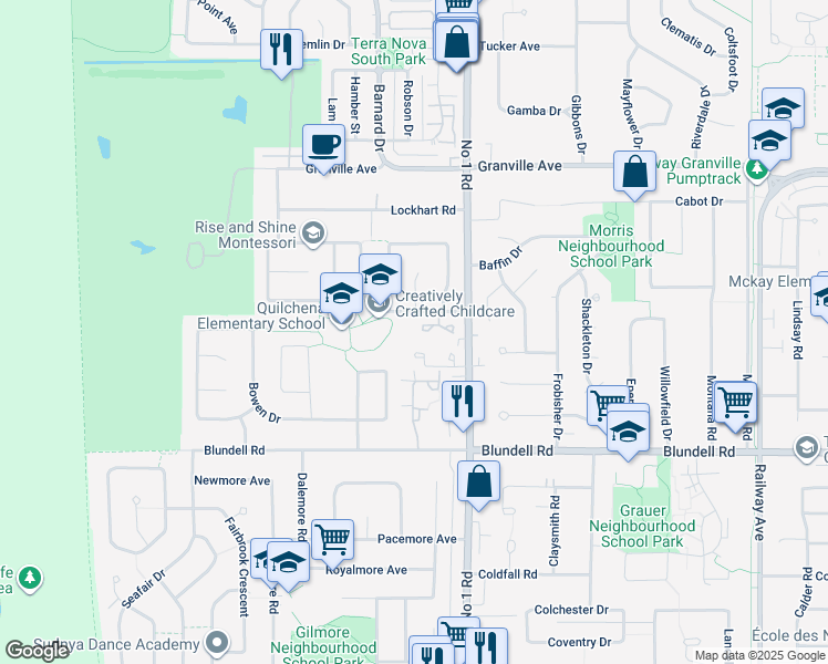 map of restaurants, bars, coffee shops, grocery stores, and more near 3888 Moresby Drive in Richmond