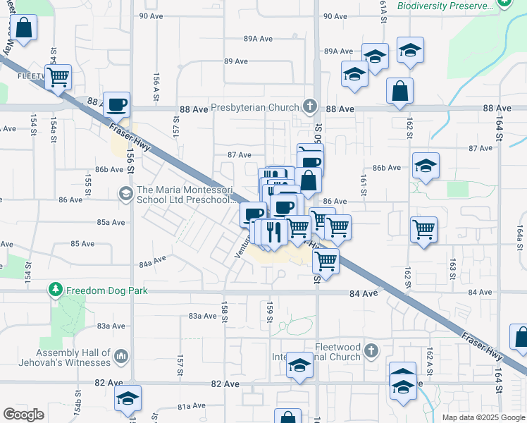 map of restaurants, bars, coffee shops, grocery stores, and more near 8638 159 Street in Surrey