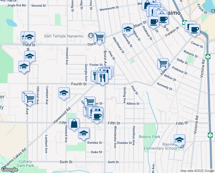 map of restaurants, bars, coffee shops, grocery stores, and more near 426 Bruce Avenue in Nanaimo