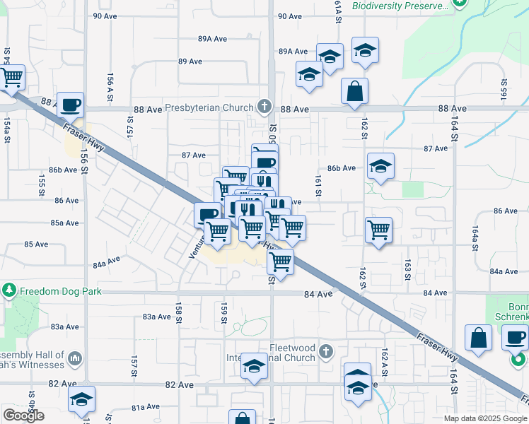 map of restaurants, bars, coffee shops, grocery stores, and more near 15961 Fraser Highway in Surrey