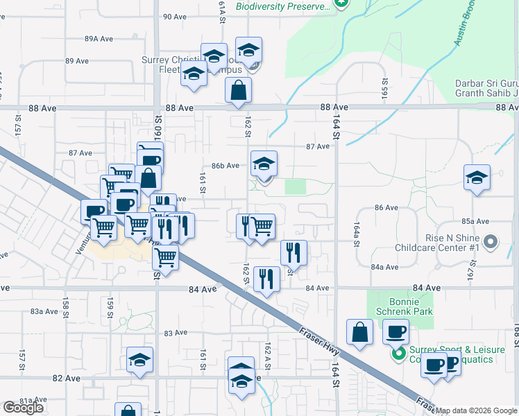 map of restaurants, bars, coffee shops, grocery stores, and more near 8560 162 Street in Surrey
