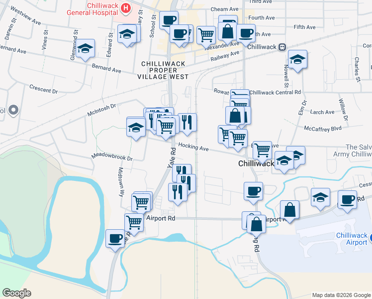 map of restaurants, bars, coffee shops, grocery stores, and more near 45724 Yale Road in Chilliwack