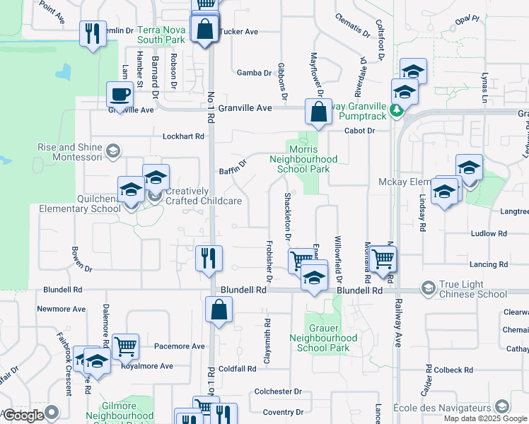 map of restaurants, bars, coffee shops, grocery stores, and more near 7691 Frobisher Drive in Richmond