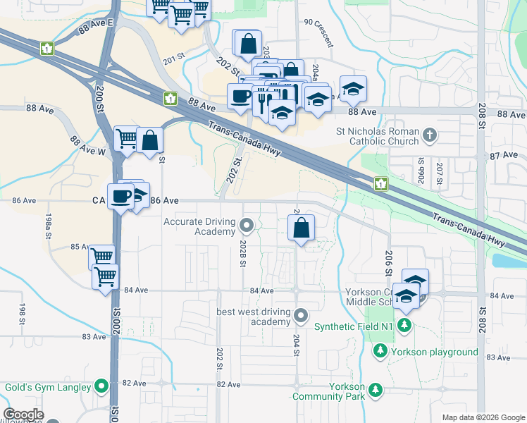 map of restaurants, bars, coffee shops, grocery stores, and more near 20328 86 Avenue in Langley Township