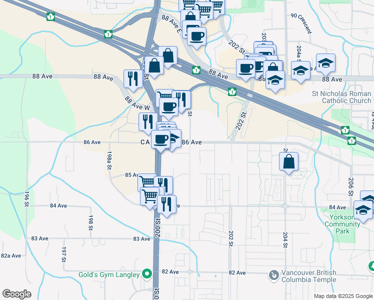 map of restaurants, bars, coffee shops, grocery stores, and more near 8551 201 Street in Langley Township