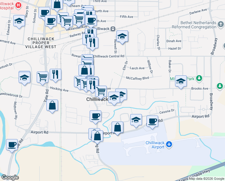 map of restaurants, bars, coffee shops, grocery stores, and more near 8637 Coventry Place in Chilliwack