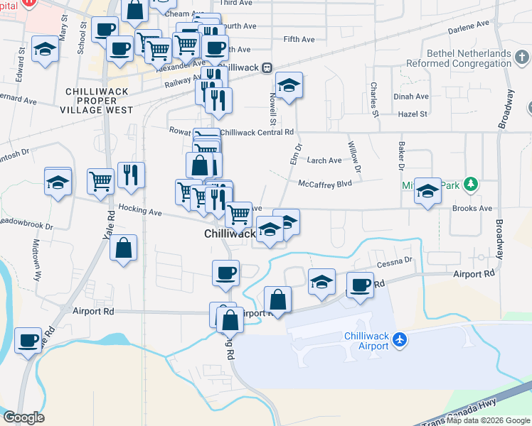 map of restaurants, bars, coffee shops, grocery stores, and more near 46084 Brooks Avenue in Chilliwack