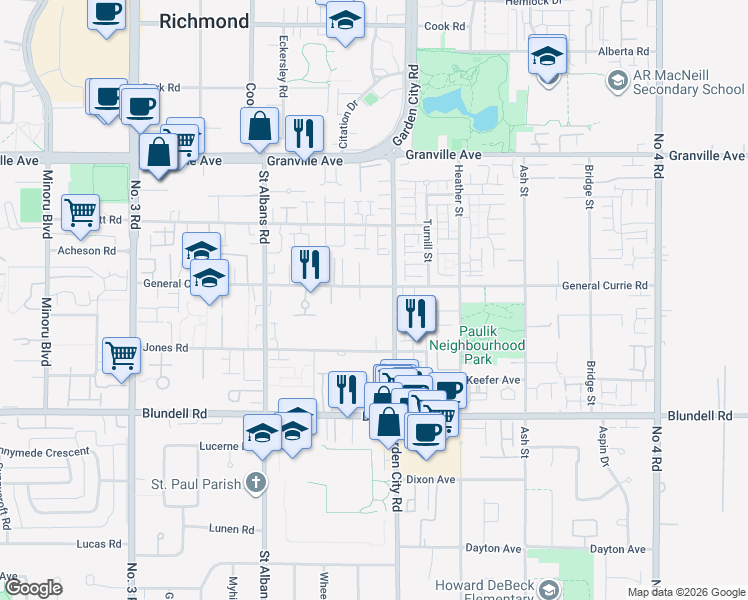 map of restaurants, bars, coffee shops, grocery stores, and more near 8720 General Currie Road in Richmond